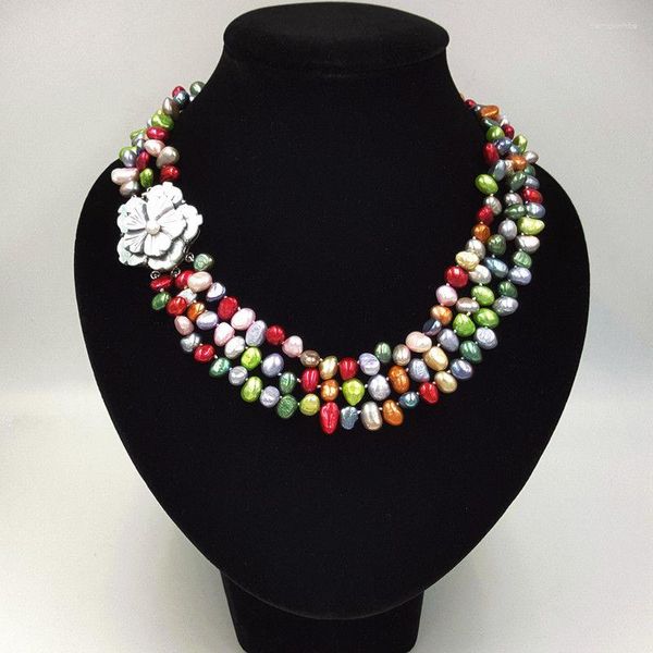 Chaînes Collier noué à la main 3 brins 5-7mm multicolore d'eau douce baroque perle coquille fleur fermoir bijoux de mode