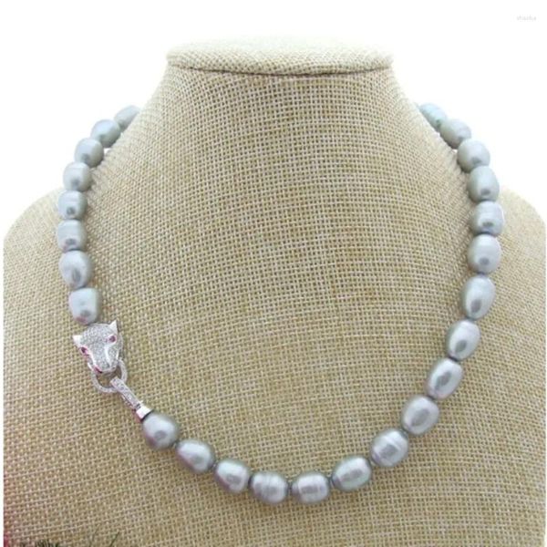 Chaînes Collier noué à la main naturel 11-12mm gris perle de riz d'eau douce chaîne de pull presque ovale fermoir à tête de léopard 45cm