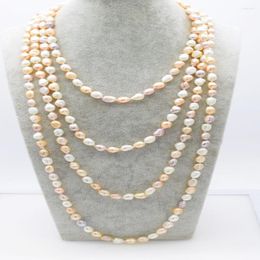 Kettingen handknoopte ketting natuurlijke 7-8 mm roze witte paarse zoetwater parelparel trui ketting barok 130inch