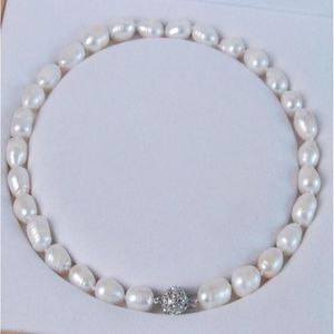 Kettingen handknoopte ketting natuurlijke 9-10 mm witte zoetwater rijst parel trui ketting bijna ovaal 45 cmchains