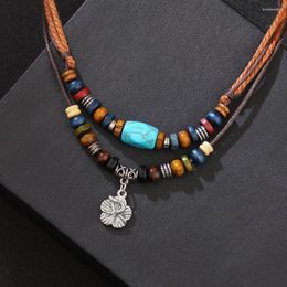 Chaînes tissées à la main bracelet de perles de bois collier bleu pin corde de paraffine collier rétro pendentif en métal fleur mode simple accessoires cadeau