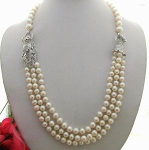 Chaînes Fait Main 3 Brins Blanc Perle D'eau Douce Micro Incrustation Zircon Tête De Dragon Accessoires Chandail Collier Long 61-66 Cm