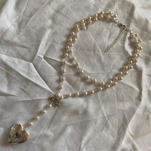 Chaînes faites à la main fée noyau victorien en forme de coeur petite boîte Double couche perle médaillon collier chapelet
