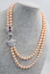 Chaînes faites à la main naturel 2 rangées 8-9mm d'eau douce blanc rose collier de perles micro incrustation zircon tête de léopard accessoires fermoir 17-19 pouces
