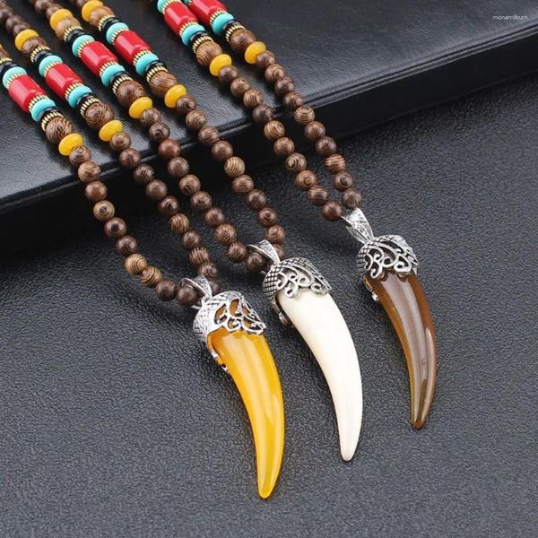 Chaînes faites à la main Népal Bouddhiste Mala Bois Perles Ox Corne Pendentif Collier Boho Style Ethnique Long Hommes Femmes Chanceux Bijoux Cadeaux