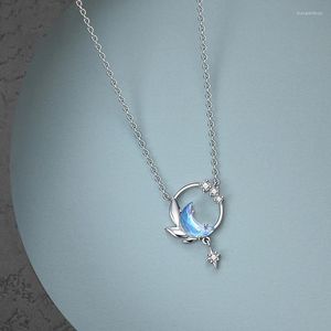 Chaînes Haya Studio 45cm Moon Night Collier Pendentif Cristal Zircon Argent Bleu Clair Pour Femmes Élégant Fine Bijoux Cadeaux