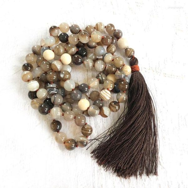 Les chaînes guérissent les émotions Mala Beads108 perles Riverstone colliers noués à la main bijoux spirituels collier d'agate du Botswana
