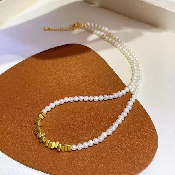 Chaînes haute Chic eau douce 4-5mm près de riz forme tour de cou blanc véritable perles colliers pour femmes vacances cadeaux