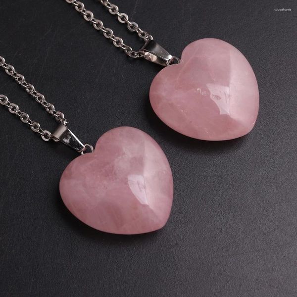 Chaînes de haute qualité 25 mm en forme de coeur en forme naturelle rose rose quartz amethyst collier pendant charmes bijoux pour femmes cadeaux d'amour chanceux