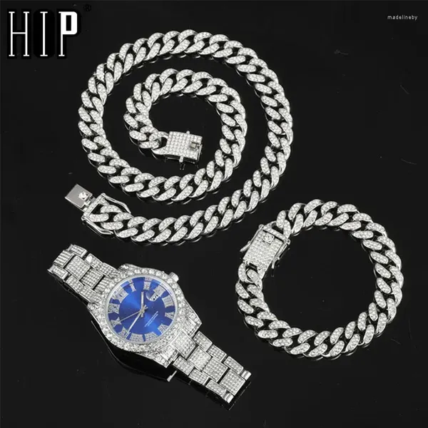 Cadenas Hip Hop 13 mm Kit 3pcs Reloj Pulsera de collar Bling Crystal helado Rhinestones para mujeres joyas para hombres