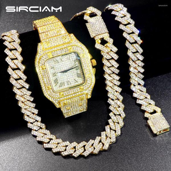 Chaines Hip Hop 14 mm Prong Cuban Link Chain Collier Watch Bracelet Set Iced Out Paves en strass pavés bijoux pour hommes