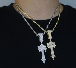 Chaînes Hip Hop Plein Pavé Glacé Bling 5A Zircone Cubique Lettre Charmes CZ Croix Épée Pendentif Collier Pour Hommes Garçon Rock BijouxChaînes 2pcs