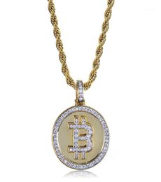 Kettingen Hip Hop Iced Out Rhinestone Coin Pendant Necklace BTC Mining Gift voor mannen vrouwen met touwketen9280647