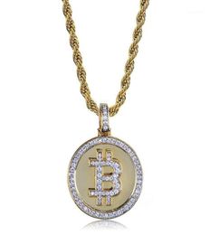 Cadenas Hip Hop congelada Collar de colgante de monedas de diamantes de imitación BTC Regalo minero para hombres Mujeres con cadena de cuerda1277173