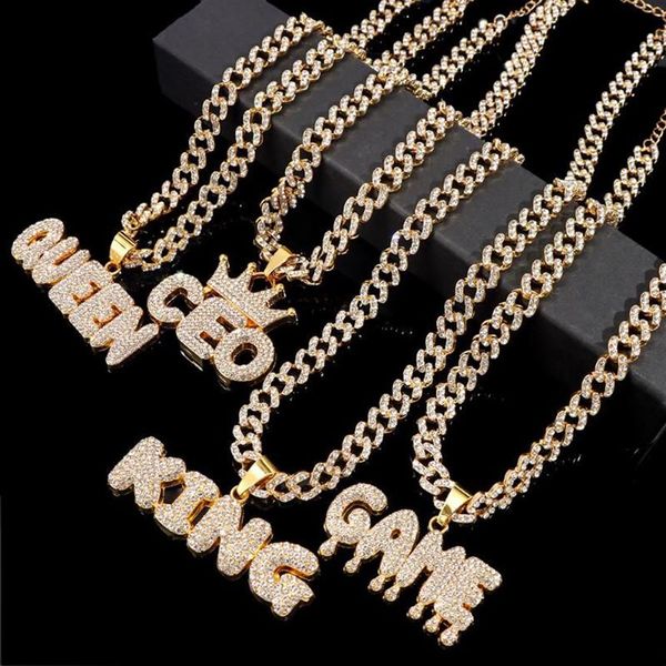 Cadenas Hip Hop KING QUEEN Carta Collares pendientes para mujeres Hombres Iced Out Crystal Miami Collar de cadena de eslabones cubanos Punk Rock Jewelr281e