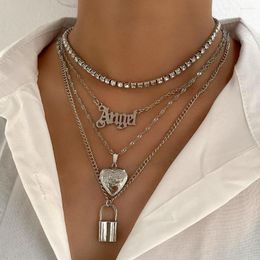 Chaînes Hip Hop multicouche ange lettre serrure pendentif collier pour femmes couleur argent coeur cristal Tennis chaîne bijoux à la mode