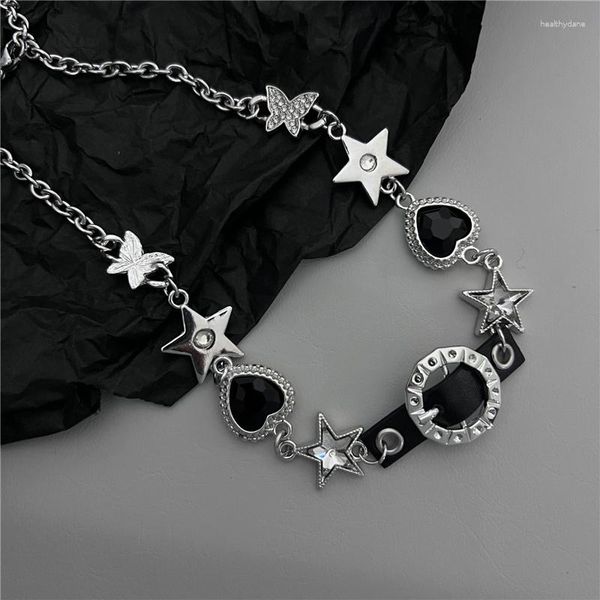 Chaînes Hip-hop Punk Cuir Métal Pêche Coeur Pendentif Collier Multi-Épissage Clavicule Chaîne Bijoux Cadeau Pour Hommes Et Femmes