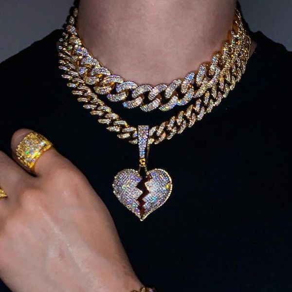 Cadenas Hip Hop Rapero Crystal Heartbreak Collar colgante para mujeres Hombres Iced Out Baguette Gargantilla Cuban Link Chain Neckalce Punk Jewelry