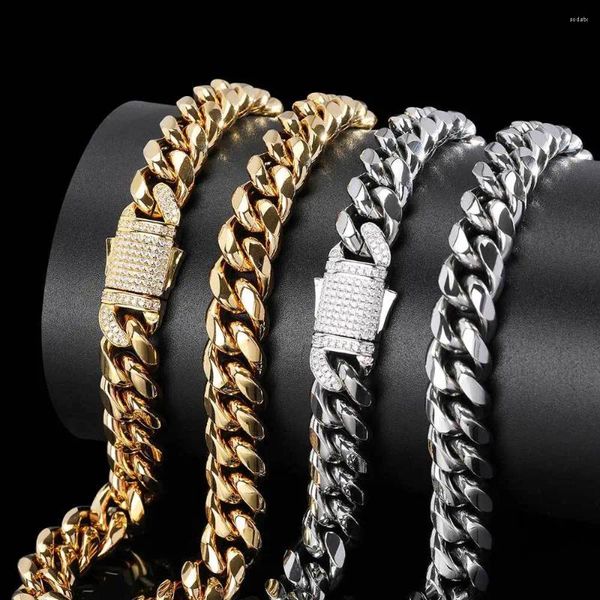 Chaînes Hiphop 10-12mm 3A Zircon Titane Acier Cubain Lien Collier Pour Hommes Punk Bijoux 18K Plaqué Or Chaîne Colliers Cadeau D'anniversaire