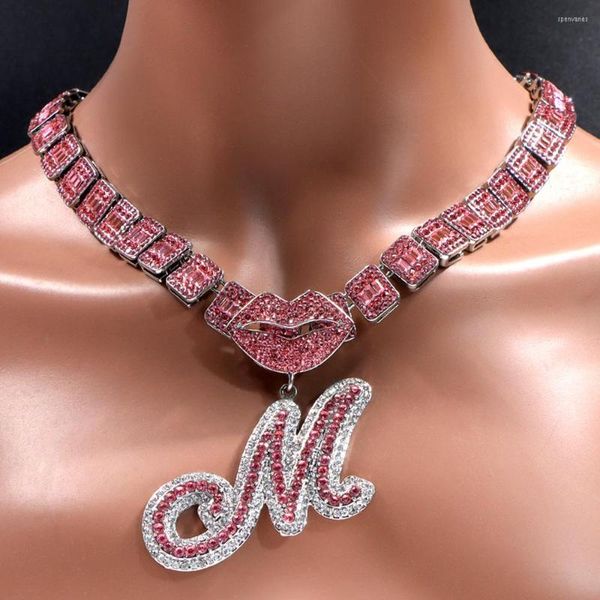 Chaînes Hiphop Carré Baguette Cubain Lien Chaîne Glacé Rose Bouche Initiales Cursives Pendentif Colliers Pour Femmes Hommes Rock Rappeur Bijoux