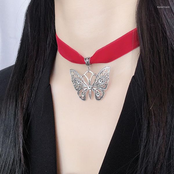 Chaînes creux papillon collier ras du cou pour femmes filles gothique noir rouge ruban velours grand pendentif collier fête bijoux cadeaux