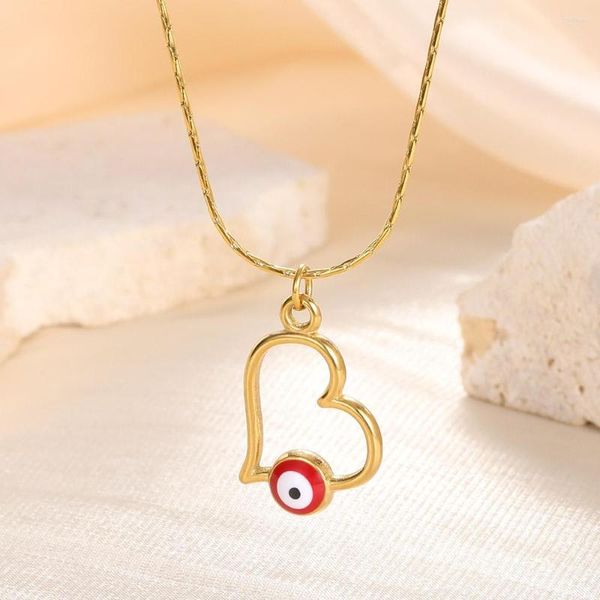 Cadenas corazón hueco mal ojo rojo collar para mujer Vintage amor colgante gargantilla acero inoxidable Color oro joyería collares