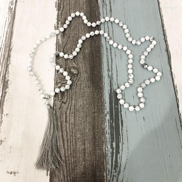 Chaînes Howlite Mala Collier 108 Bijoux De Yoga Noués À La Main Blanc Long Gland Colliers Perles De Prière Japa