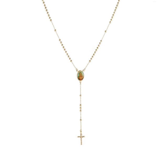 Cadenas HZMAN 14K Chapado en oro Dainty Y Collar Rosario Bead Virgen María Jesús Crucifijo Cruz Gargantilla ajustable para mujeres niñas