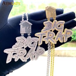Kettingen Iced Out Bling 5A Kubieke Zirkoon Volledige Verharde Grote Val Huis Hanger Ketting Hip Hop Two Tone Color Plated mannen Cool JewelryCha267c