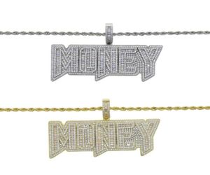 Kettingen ijskoud bling 5a cz verharde gouden kleurbrief geld hanger ketting met lange touwketen hiphop dollar mannen jongen juwelen4723486