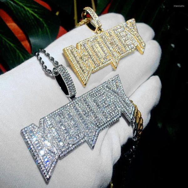 Chaînes Iced Out Bling Lettres Argent Pendentif Collier Plaqué Or Rectangle CZ Zircon Charme Hommes Femmes Hip Hop Bijoux