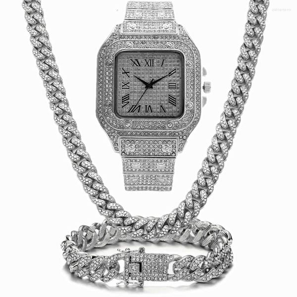 Cadenas Iced Out Cadena Bling Miami Cuban Link Rhinestone Reloj Collares Pulsera Mujeres Hombres Charm Joyería Hip Hop Gargantilla