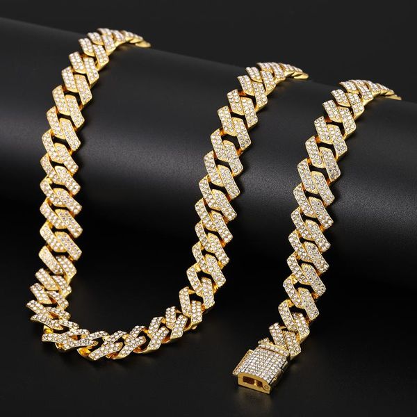 Chaînes Iced Out Chain Bling Prong Miami Cuban Link Colliers 15mm Plein Cristal Strass Fermoir Hip Hop Collier Bracelet Hommes 961