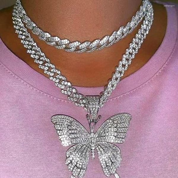 Cadenas Iced Out Crystal Big Butterfly Colgante Collar cubano Joyería al por mayor Punk Hiphop Chunky Curb Link Cadena para mujeres Regalos