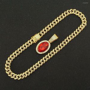 Chaînes glacées cubaines Bling diamant rouge pierre rubis rubine strass pendentifs hommes colliers charme bijoux rappeur collier ras du cou