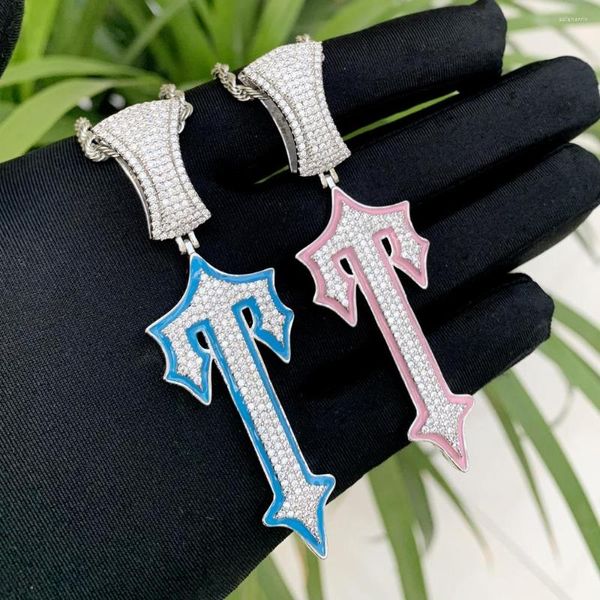 Cadenas Iced Out Hip Hop Hombres Collar de mujeres con rosa azul luminoso cruz colgante pavimentar 5a cz piedra cuerda cadena tenis joyería