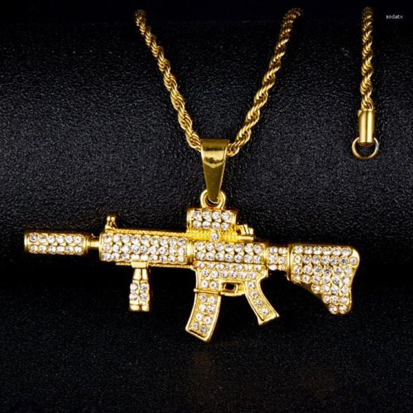 Chaînes Iced Out Zinc Alliage Gun Pendentifs Collier pour hommes Femmes Or Couleur Chaîne Lien Rappeur Hip Hop Bijoux