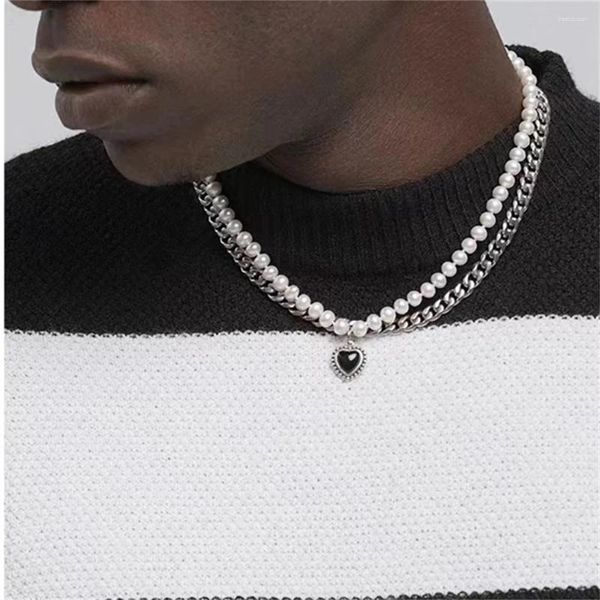 Chaînes imitation perle cubaine chaîne ras du cou tendance noir amour acrylique pierres précieuses hommes pendentif collier hip hop bijoux goutte