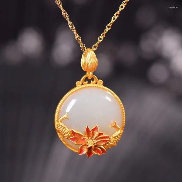 Chaînes En Forme De Poisson Fleur De Lotus Naturel Hetian Jade Pendentif Style Chinois Ancien Or Artisanat Collier Rond Bijoux Pour Femmes