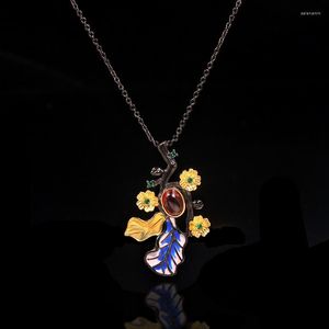 Chaines Conception indépendante Silver Diamond Vintage Fleur Black Gold Ematel Porcelain Collier Pendant Elegant and Beautiful Bijoux