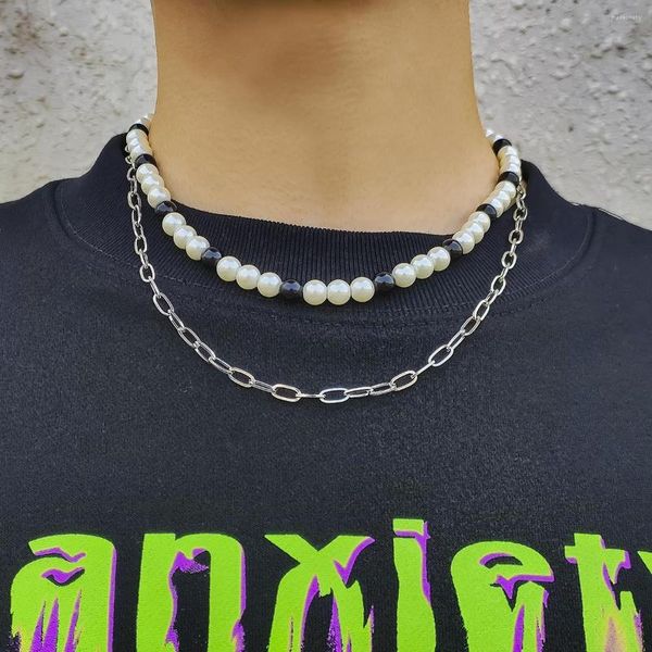 Chaînes IngeSight.Z collier de perles d'imitation blanches et noires multicouches pour femmes hommes Hip Hop perles en métal ligne chaîne bijoux