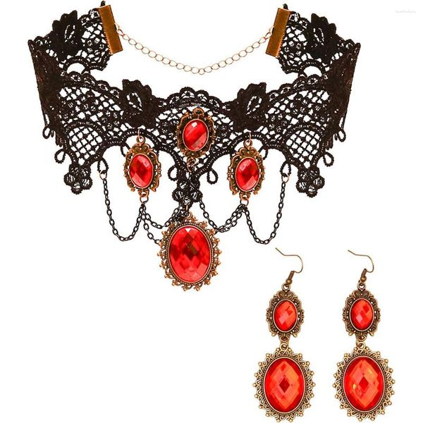 Cadenas Ins Moda Personalidad Gótico Vampiro Retro Gargantilla Gancho para la oreja Encaje negro Pendientes de diamantes de imitación rojos Conjunto de accesorios de pirata Mujer