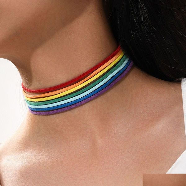 Cadenas Ins Fashion Womens Ancient Rainbow Color Chocker Collar Sier Metal Ladies Simple Seven capa Corea Veet Drop entrega Jewe Dhcdi