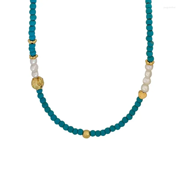 Chaînes INS Niche Collier de perles d'eau douce naturelle pour femmes, tempérament polyvalent et minimaliste, chaîne de clavicule turquoise