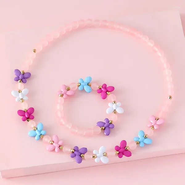 Cadenas Insecto Mariposa Pink Girl Strand Collar de cuentas con pulsera Conjunto de joyería para niñas Hija Fiesta Regalo de cumpleaños