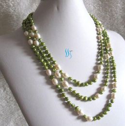 Chains Jewelry 66" 5-9mm Collier de perles d'eau douce de riz baroque vert blanc