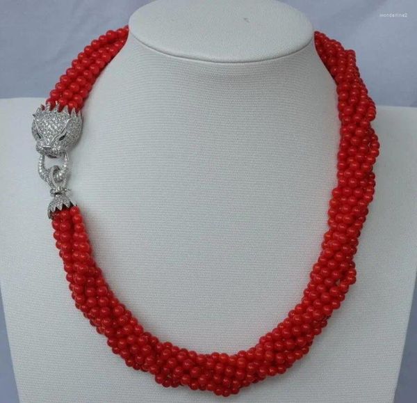 Chaînes Bijoux Mode 8 brins Collier de perles de corail rondes rouges avec fermoir léopard / guépard en zircon