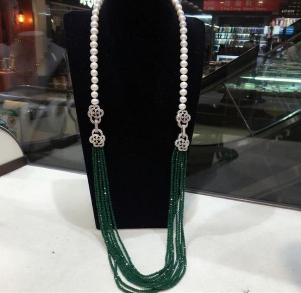 Chaînes Bijoux Rose Bouton CZ Fermoir Collier De Perles Naturelles Vert Jade Grenat Multicouche Longue Chaîne De Pull Multi