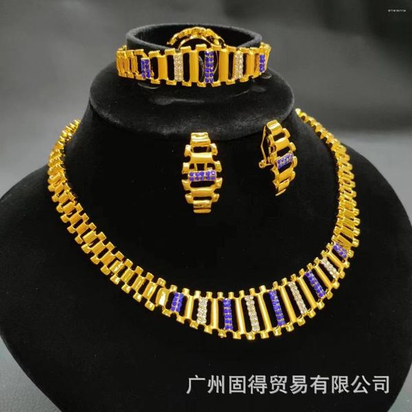 Chaînes Parure de Bijoux Dubai Femme Plaqué Or 24k Collier Bracelet Boucle d'Oreille Anneau de Quatre