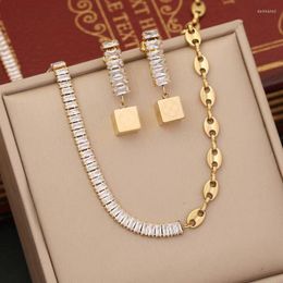 Ketens sieraden set voor vrouwen mode luxe witte zirkoon gouden kleur ketting roestvrijstalen ketting armband oorbellen feest trend cadeau